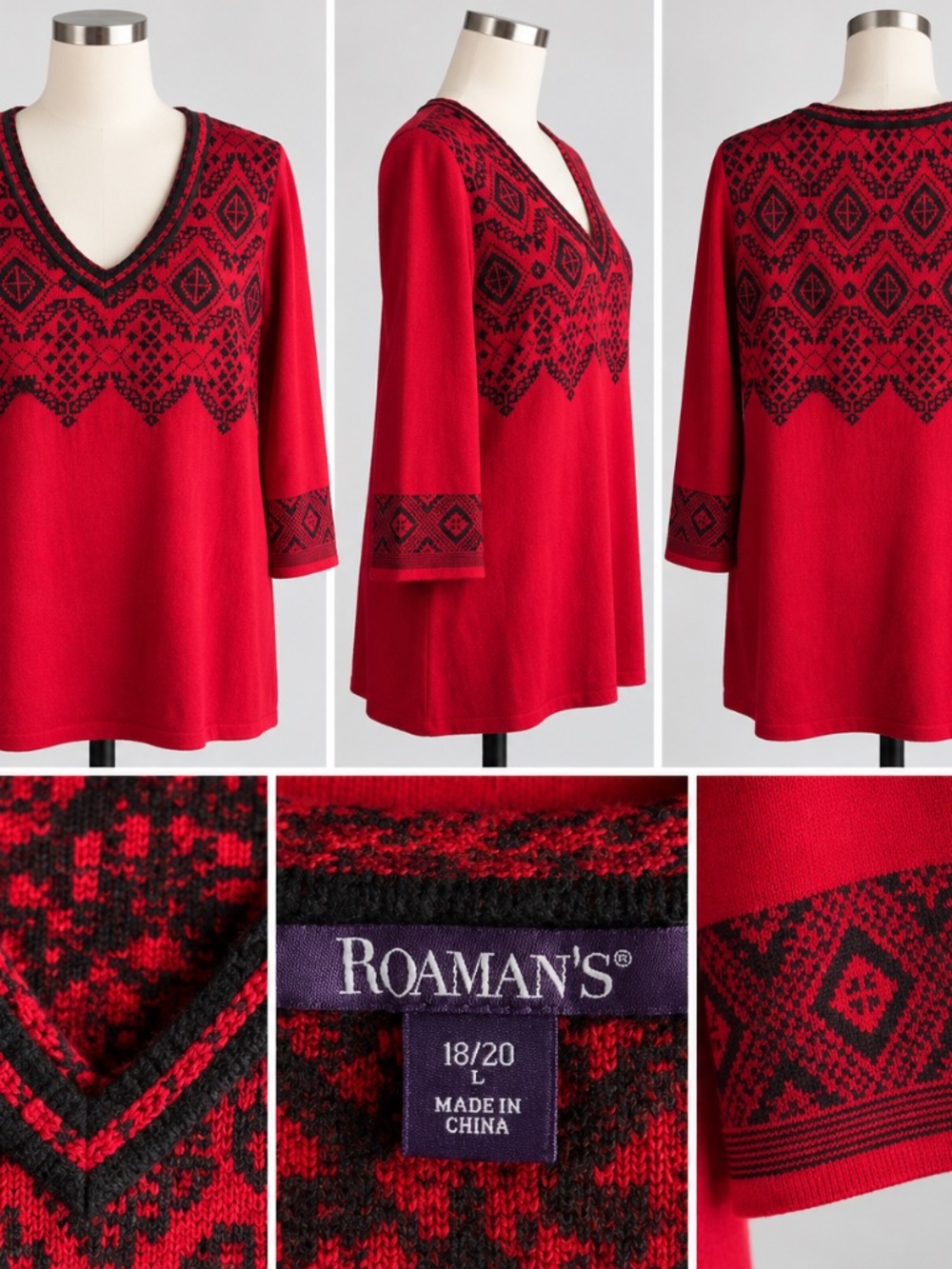 Red & Black Geometric Knit V-Neck Sweater